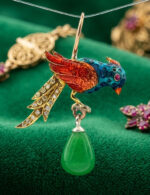 0.14 Ct Pırlantalı Mine Paladyum Gövde El Yapımı Kuş Küpe