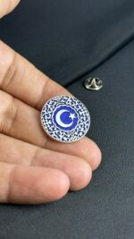 Ay Yıldız Özel Desenli Gümüş Kaplama Yaka Rozeti - Mavi