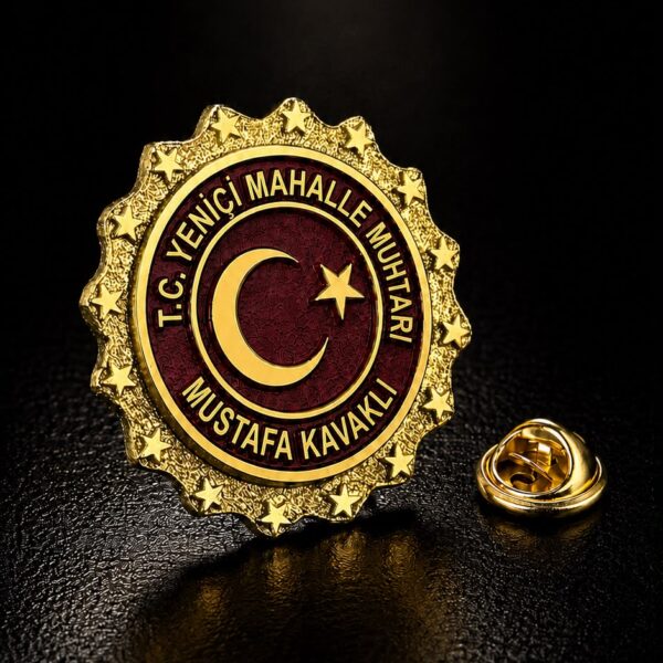 Kişiye Özel Muhtar Yıldız Çerçeve Model Altın Kaplama Yaka Rozeti