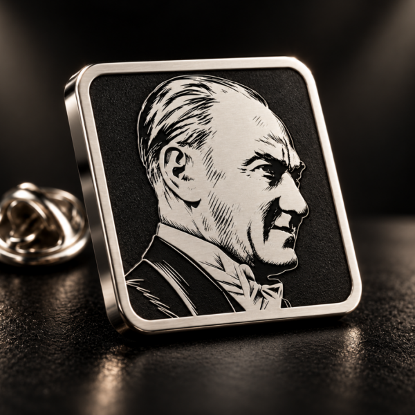 Atatürk Özel Tasarım Gümüş Kaplama Kare Yaka Rozeti